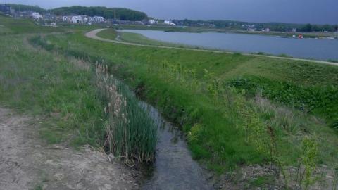geschwungener Bachlauf, Deich mit Fußweg, See, Gras, Häuser und Hügel im Hintergrund