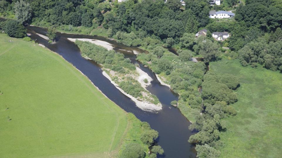 Luftbild auf einen gewundenen Flusslauf mit großer Sandbank, grüne Ufer, Wiesen, Wald, einige Häuser