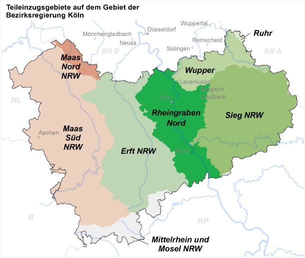 Die Karte zeigt die Lage der Teileinzugsgebiete innerhalb des Zuständigkeitsbereichs der Bezirksregierung Köln. Im Westen liegt das Teileinzugsgebiet von Maas Süd und im nördlichen Bereich ein kleiner Teil des TEZG Maas Nord, ganz im Süden liegen Anteile am TEZG Mittelrhein/Mosel. Richtung Osten schließt sich das TEZG der Erft an, gefolgt vom TEZG Rheingraben Nord. Im Südosten liegt das TEZG der Sieg NRW, im Nordosten das TEZG der Wupper sowie ein sehr kleiner Anteil am TEZG  Ruhr.