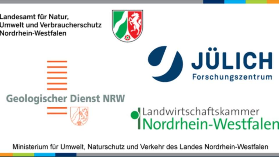Logos der beteiligten Institutionen: LANUV, Geologischer Dienst NRW, LWK NRW, MUNV NRW, Forschungszentrum Jülich