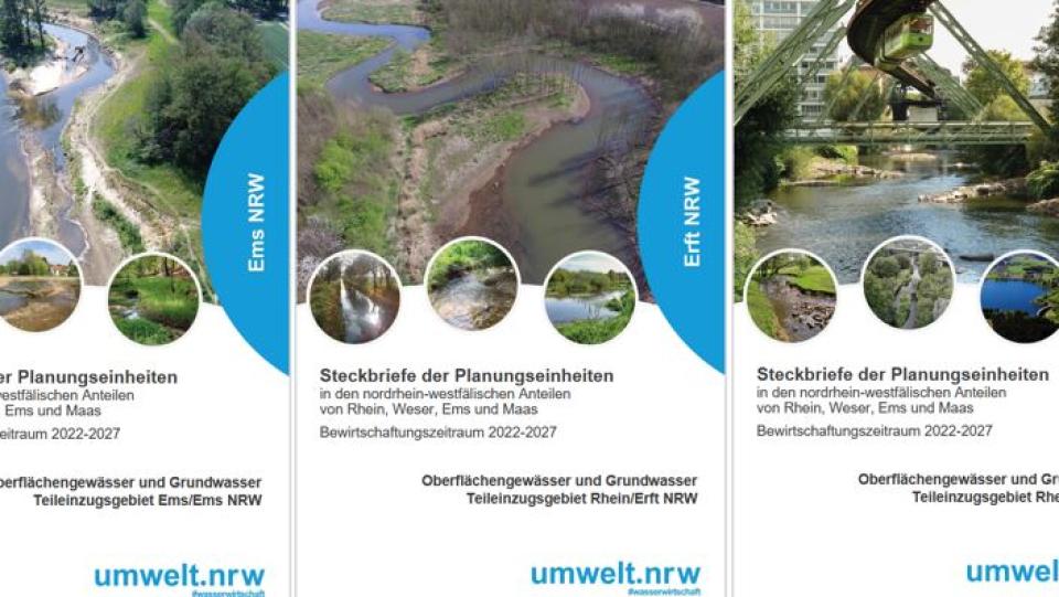 Es sind die drei Titelseiten der Planungseinheiten-Steckbriefe Ems NRW, Erft und Wupper abgebildet.