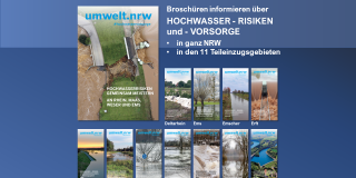 Titelseiten meherer Broschüren zum Thema Hochwasservorsorge