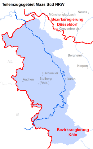 Eine Karte zeigt das Einzugsgebiet der Rur im äußersten Westen von NRW an der Grenze zu den Niederlanden. Die Städte Aachen, Stolberg (Rheinland), Eschweiler und Düren liegen im Einzugsgebiet, die Zuständigkeit liegt bei der Bezirksregierung Köln.
