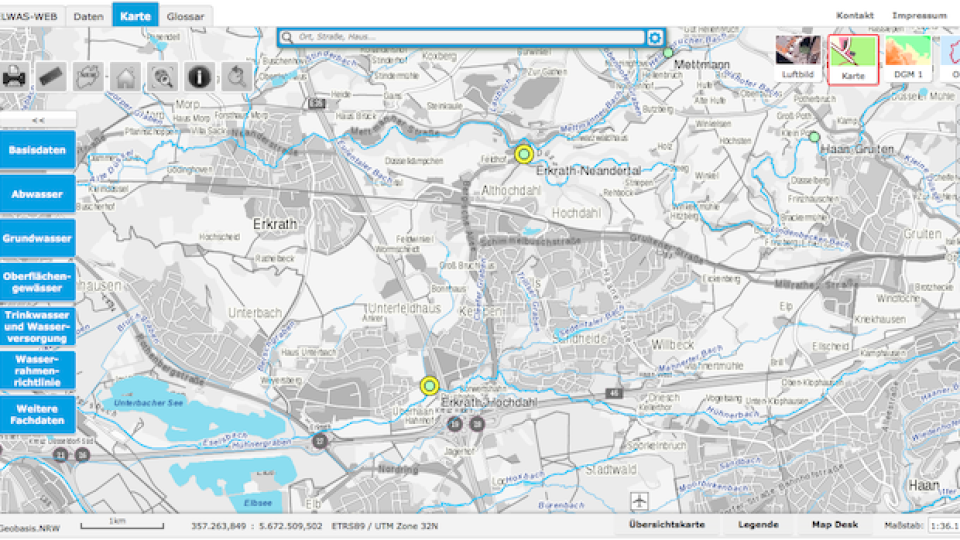 In der Abbildung ist eine Kartenansicht aus ELWAS-WEB für den Ausschnitt Erkrath sowie 2 gelbe Standortmarkierungen für die Kläranlagen zu erkennen.