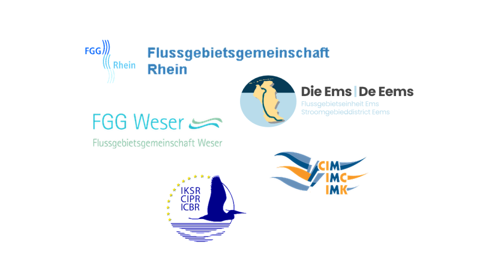 Logos der Flussgebietsgemeinschaften Rhein, Weser, Ems und Maas sowie der Int. Kommission zum Schutz des Rheins. Die Logos bestehen aus dem Namen und kleinen graphischen Elementen.