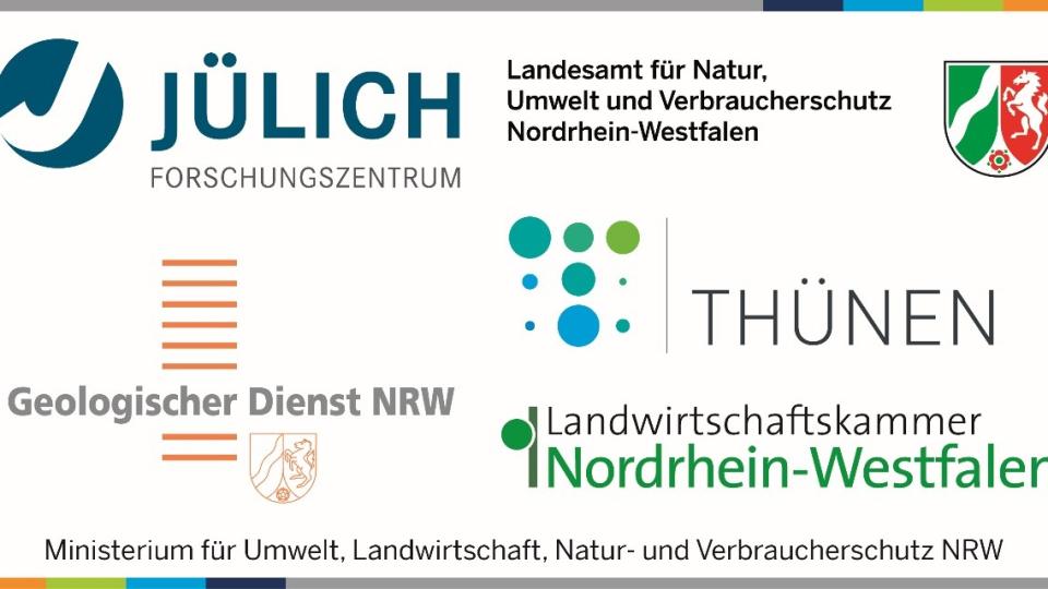 Die Abbildung zeigt die Logos der am Kooperationsprojekt beteiligten Institutionen: Forschungszentrum Jülich, LANUV NRW, LWK NRW, Geologischer Dienst NRW, MULNV NRW, Thünen