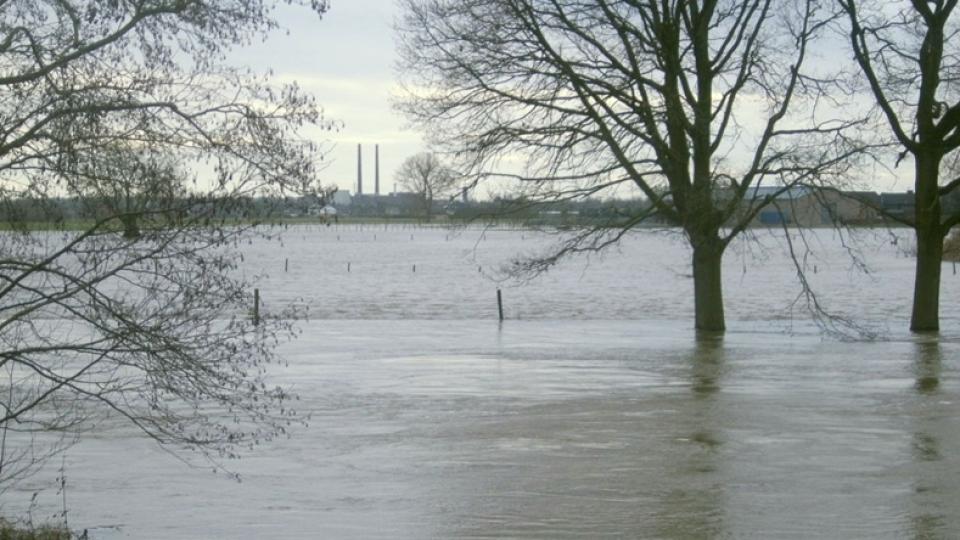 Hochwasser an einm Fluss, Bäume und Zaunpfähle, die aus dem Wasser ragen, Industrie-Schornsteine am Horizont