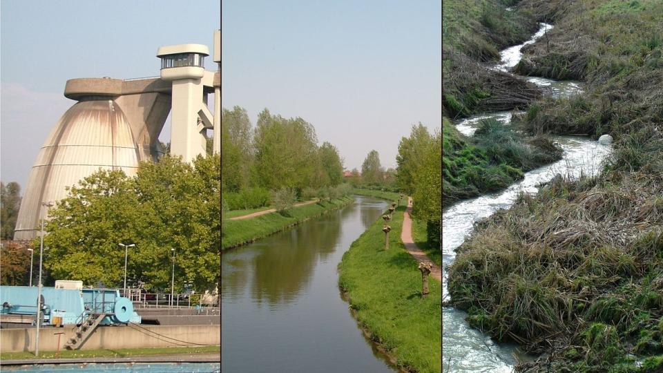 Das Bild teilt sich in drei Fotos auf. Ganz links ist der Faulturm einer Kläranlage zu sehen, in der Mitte ein kleiner Kanal und rechts ein naturnahes, mäandrierendes Gewässer.