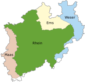Die Karte zeigt im Westen das Flussgebiet der Maas, daran anschließend das Flussgebiet des Rheins, in dessen Nordosten das Flussgebiet der Ems liegt. Im Osten liegt das Flussgebiet der Weser.